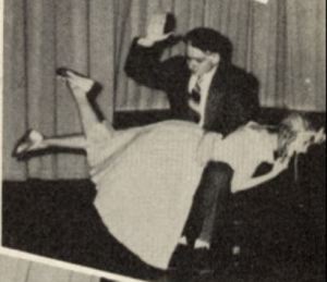 Carol Frakes as Dotty is spanked in the senior play at St Mary’s-Colgan High School, Pittsburg, Kansas, on April 3 and 4, 1951